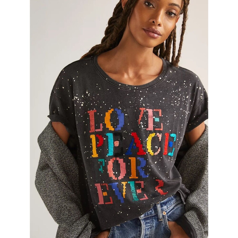 Anthropologie Pilcro Love Peace Forever Graphic Tee Black Multicolor Letter S